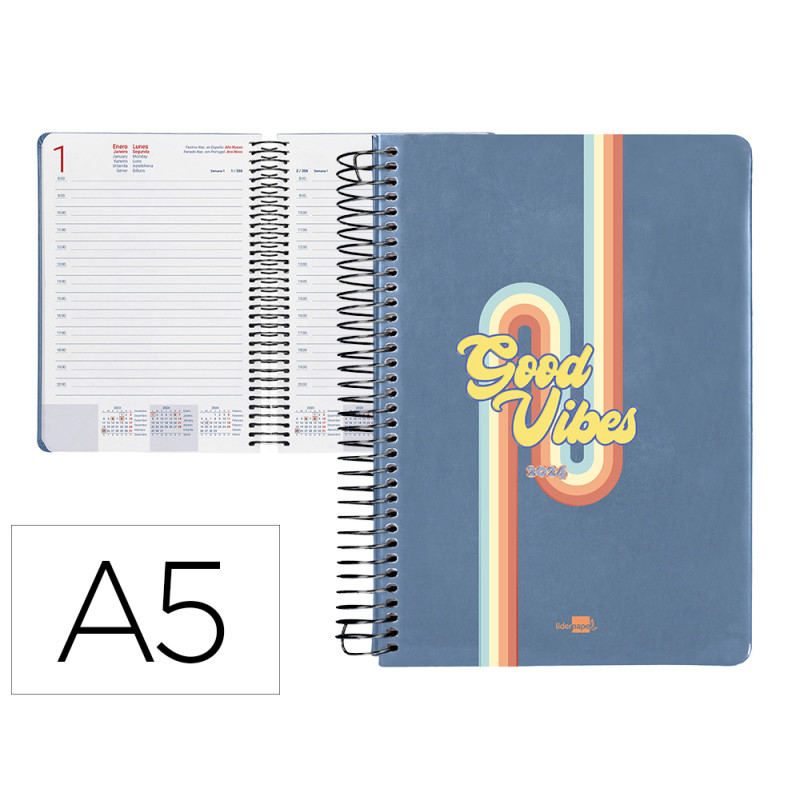 Agenda espiral liderpapel zante 15x21 cm 2024 dia paginacolor azul papel 70 gr