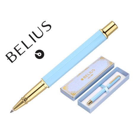 Boligrafo belius macaron bliss forma hexagonal color celeste y dorado tinta azul caja de diseño