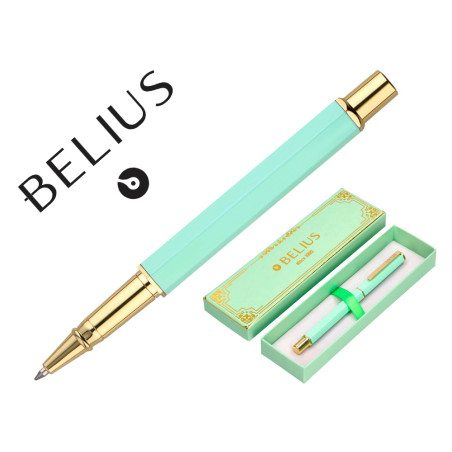 Boligrafo belius macaron bliss forma hexagonal color verde dorado tinta azul caja de diseño