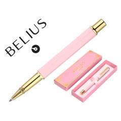 Boligrafo belius macaron bliss forma hexagonal color rosa y dorado tinta azul caja de diseño