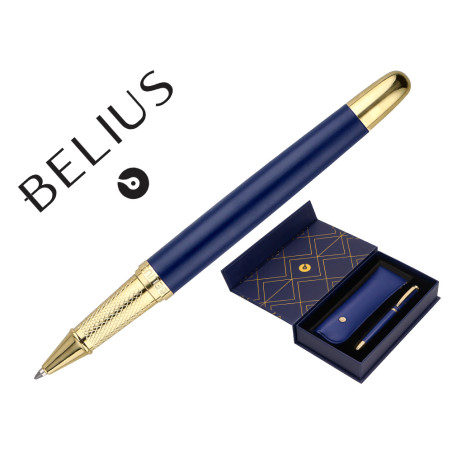 Boligrafo y estuche belius soiree color azul marino y dorado tinta azul caja de diseño