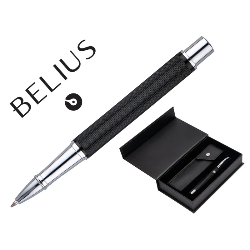 Boligrafo y estuche belius turbo aluminio textura punteada negro y plateado tinta azul caja de diseño