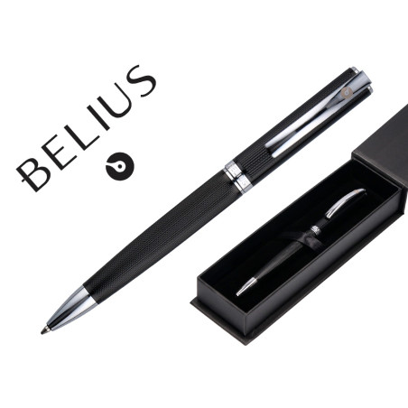 Roller belius turbo aluminio textura punteada color negro y plateado tinta azul caja de diseño