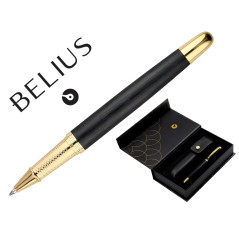 Boligrafo y estuche belius passion dor aluminio textura cepillada color negro y dorado tinta azul caja diseño