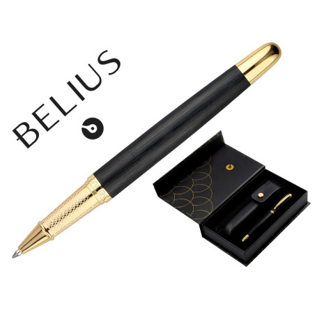 Boligrafo y estuche belius passion dor aluminio textura cepillada color negro y dorado tinta azul caja diseño