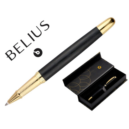 Boligrafo belius passion dor aluminio textura cepillada color negro y dorado tinta azul caja de diseño