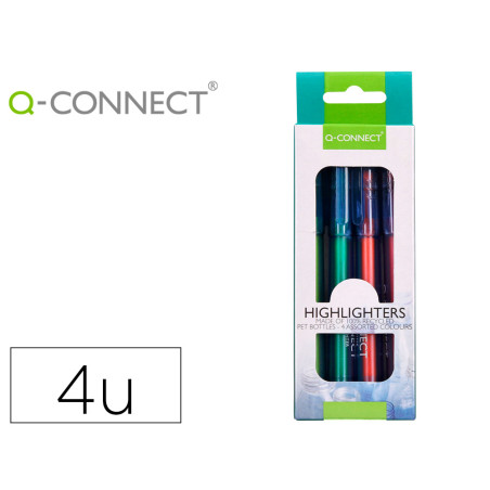 Rotulador q-connect fluorescente punta biselada fabricado pet reciclado caja de 4 unidades colores surtidos