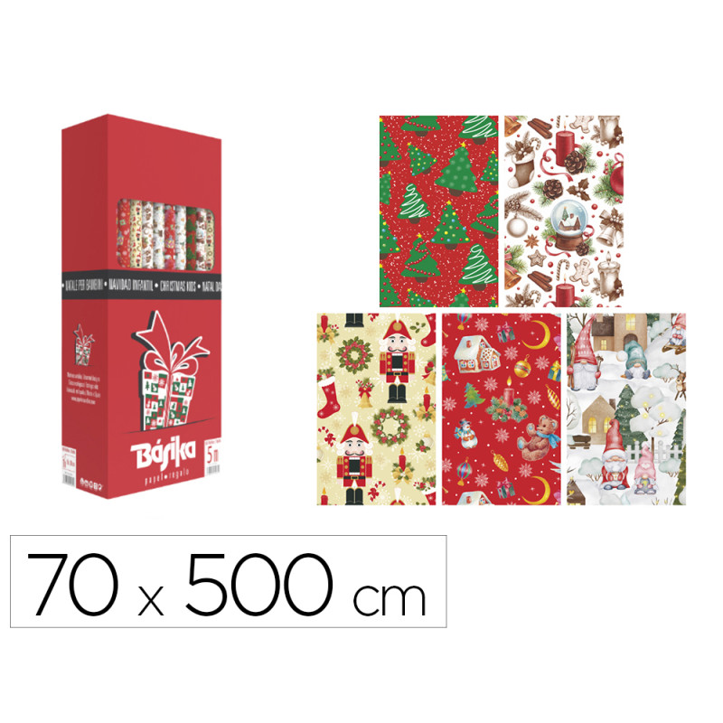 Papel de regalo basika navidad rollo ancho 70 cm longitud 5 m diseños surtidos gramaje 50 gr