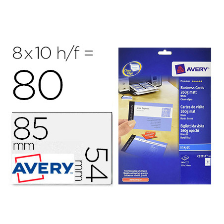 Tarjeta de visita avery blanca mate 85x54 mm imprimible doble cara para ink-jet 260 gr pack de 80