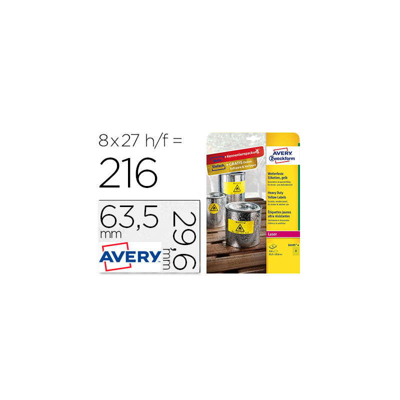 Etiqueta adhesiva avery poliester amarillo fluorescente 63,5x29,6 mm pack de 8 unidades