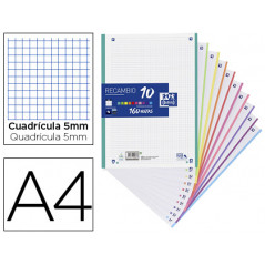 Recambio color oxford din a4 160 hojas 90 gr optik paper cuadro 5 mm 4 taladros banda 10 colores