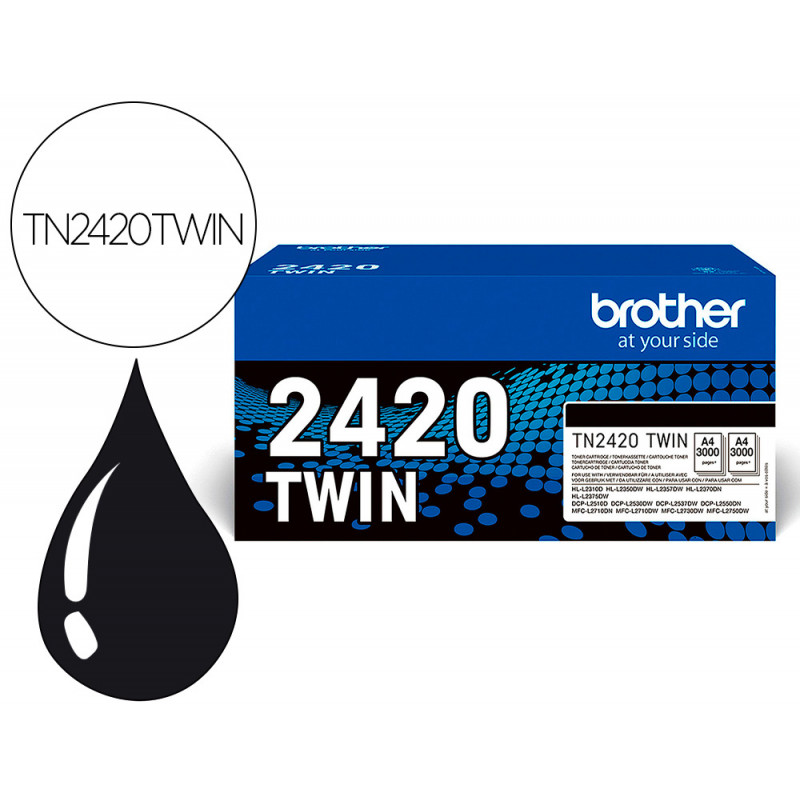 Toner brother tn2420twin para dcp-l2510/ 2530 / 2550 / hl-l2375 negro 3000 paginas pack 2 unidades