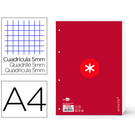 Recambio liderpapel a4 antartik 80 hojas 90g/m2 cuadro 5 mm 4 taladros 1 banda marco color frambuesa