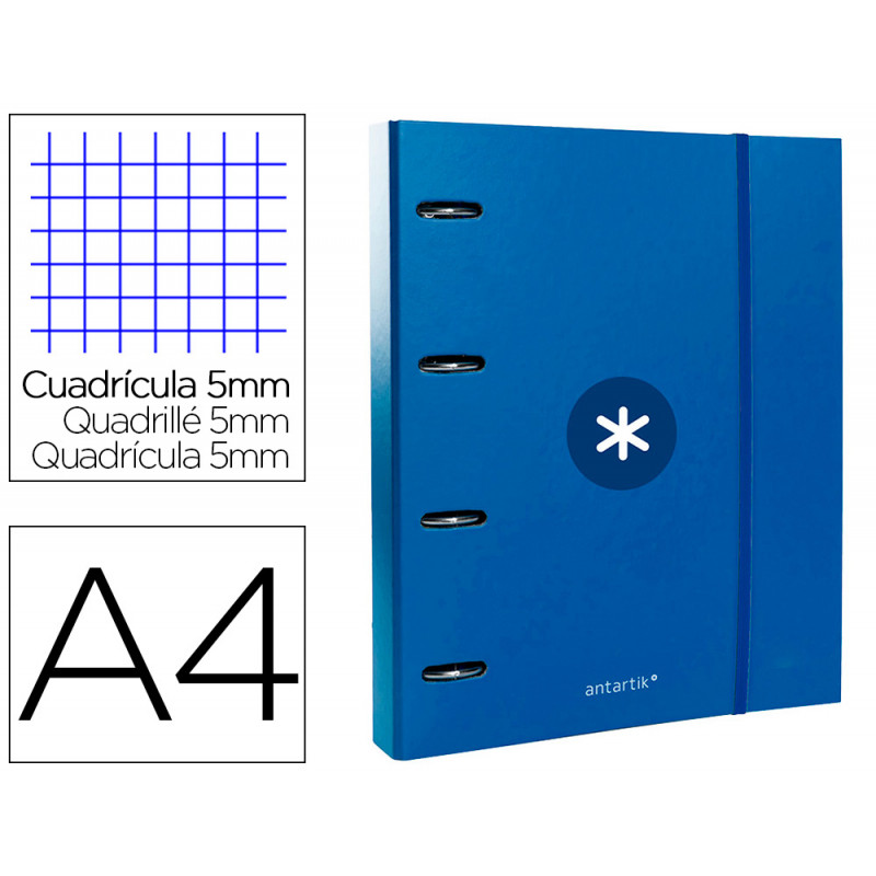 Carpeta con recambio antartik a4 cuadro 5mm forrada 4 anillas 40mm redondas con solapa color azul marino