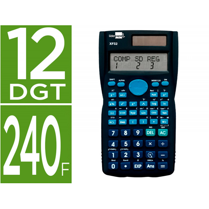 Calculadora liderpapel científica xf32 12 dígitos 240 funciones con tapa solar y pilas color azul 156x85x20