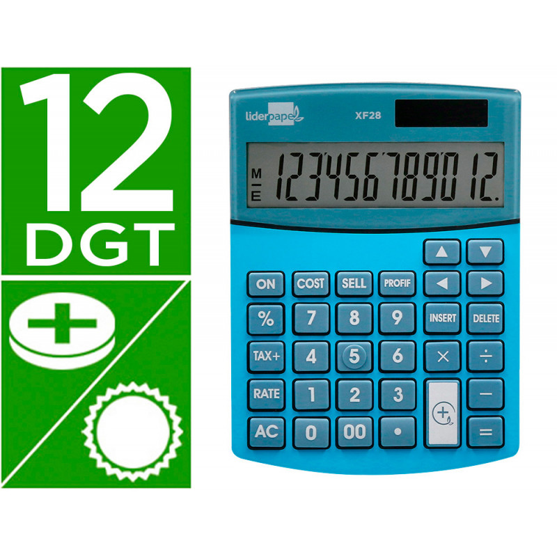 Calculadora liderpapel sobremesa xf28 12 dígitos dos líneas coste venta margen y tasas solar y pilas azul 155x115x25 mm