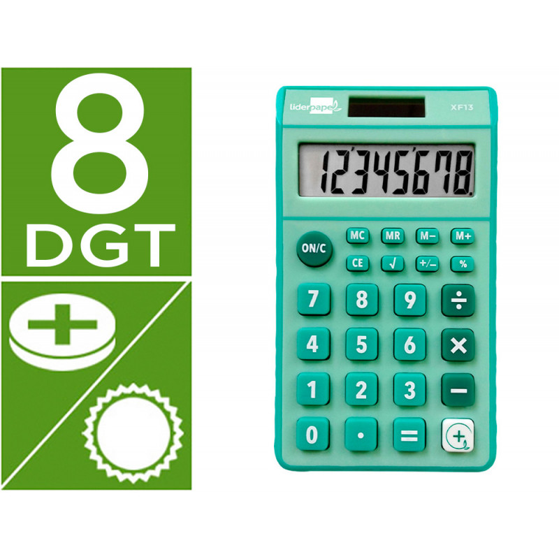 Calculadora liderpapel bolsillo xf13 8 dígitos solar y pilas color verde 115x65x8 mm