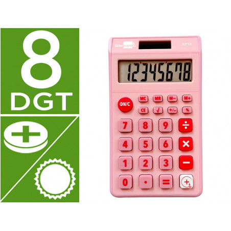 Calculadora liderpapel bolsillo xf12 8 digitos solar y pilas color rosa 115x65x8 mm