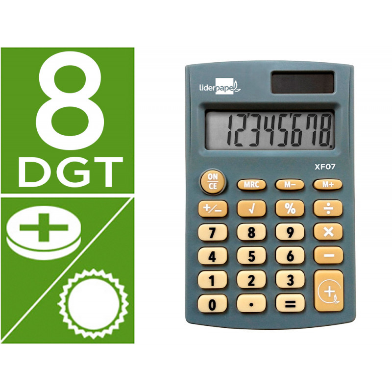 Calculadora liderpapel bolsillo xf07 8 dígitos solar y pilas color gris 98x62x8 mm