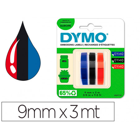 Cinta dymo 3d 9mm x 3mt para rotuladora omega/junior color azul/negro/rojo blister 3 unidades