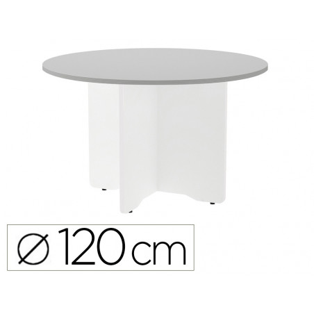 Mesa de reunion rocada redonda 3006aw02 estructura madera en aspas color blanco tablero gris 120cm diametro