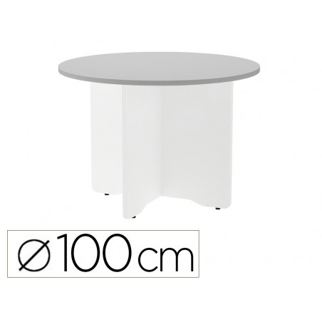 Mesa de reunion rocada redonda 3005aw02 estructura madera en aspas color blanco tablero gris 100cm diametro