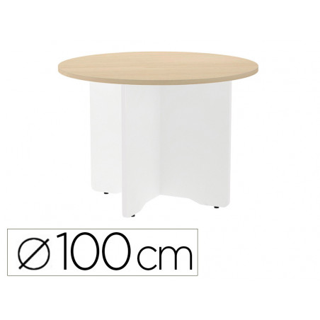 Mesa de reunion rocada redonda 3005aw01 estructura madera en aspas color blanco tablero haya 100cm diametro