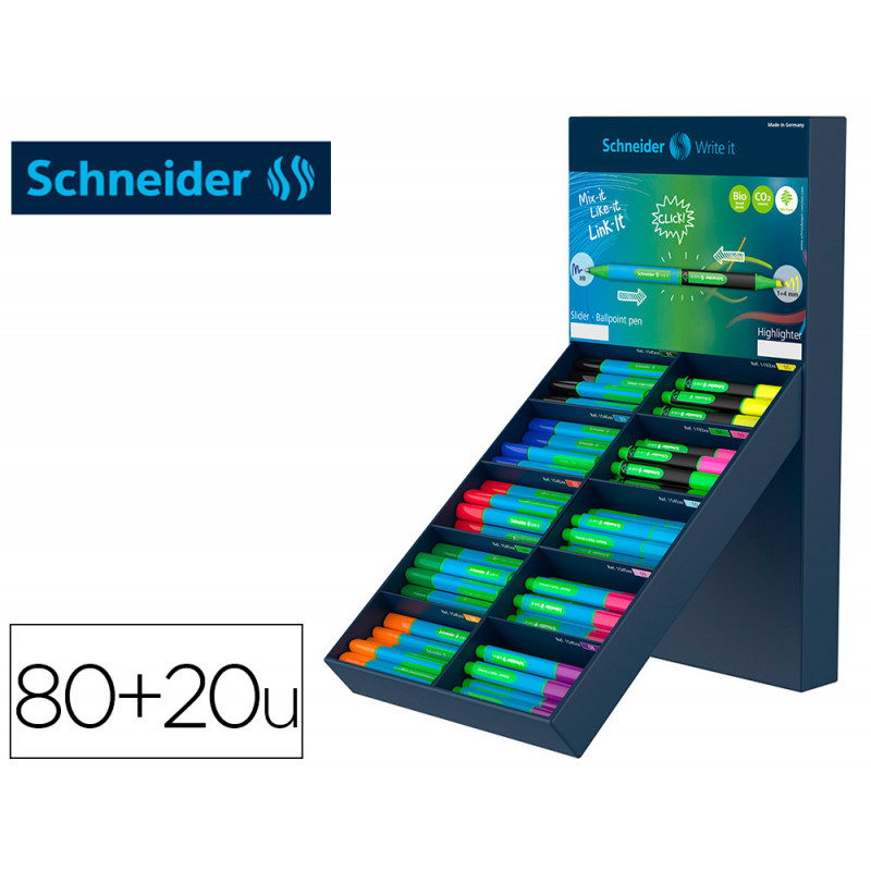 Boligrafo schneider slider caucho triangular 85% bioplastico exp. 80 unidades surtidas + 20 fluorescentes