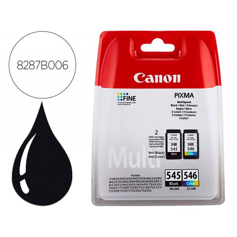 Ink-jet canon pg-545 / cl-546 pixma mg2550 / mg3050 / tr4550/s205/s305/ts3352 pack 2 colores negro color