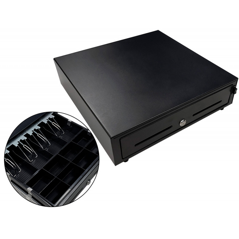 Cajon portamonedas 8 monederos 4 billeteros apertura manual y llave color negro 410x415x110 mm