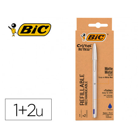 Boligrafo bic cristal renew tinta azul con cuerpo en aluminio mate mas 2 recambios en caja carton