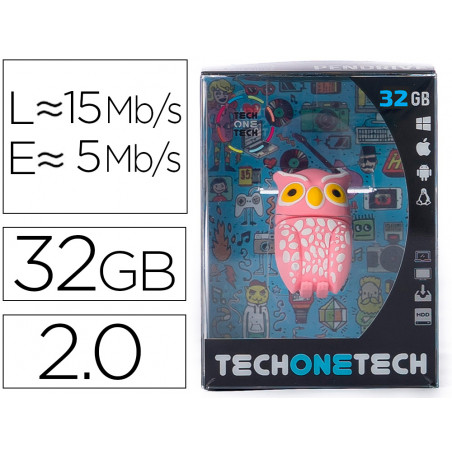Memoria usb tech on tech buho plumi pink 32 gb