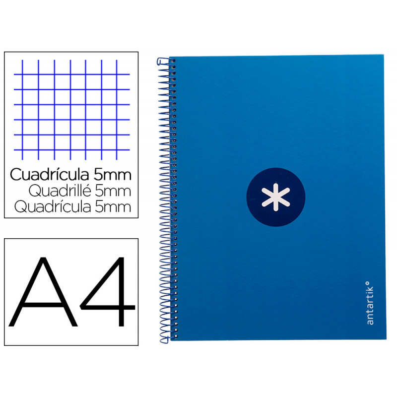Cuaderno espiral a4 micro antartik tapa forrada 80h 90 gr cuadro 5mm 1 banda 4 taladros azul oscuro