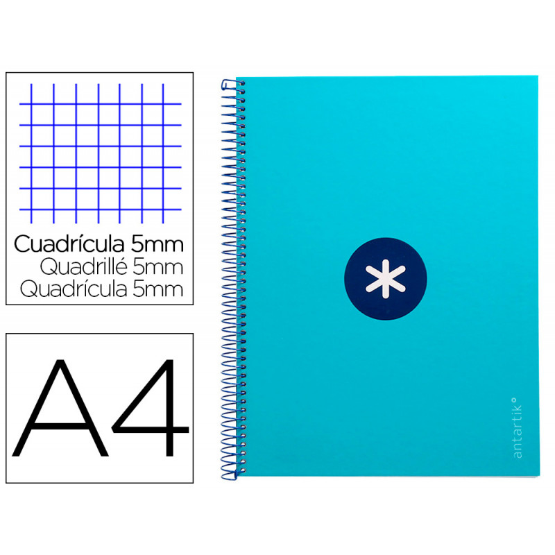 Cuaderno espiral a4 micro antartik tapa forrada 80h 90 gr cuadro 5mm 1 banda 4 taladros turquesa
