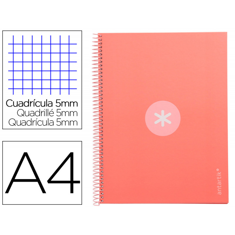 Cuaderno espiral a4 micro antartik tapa forrada 80h 90 gr cuadro 5mm 1 banda 4 taladros rosa claro