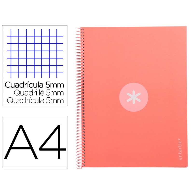 Cuaderno espiral liderpapel a4 micro antartik tapa forrada 80h 90 gr cuadro 5mm 1 banda 4 taladros rosa claro