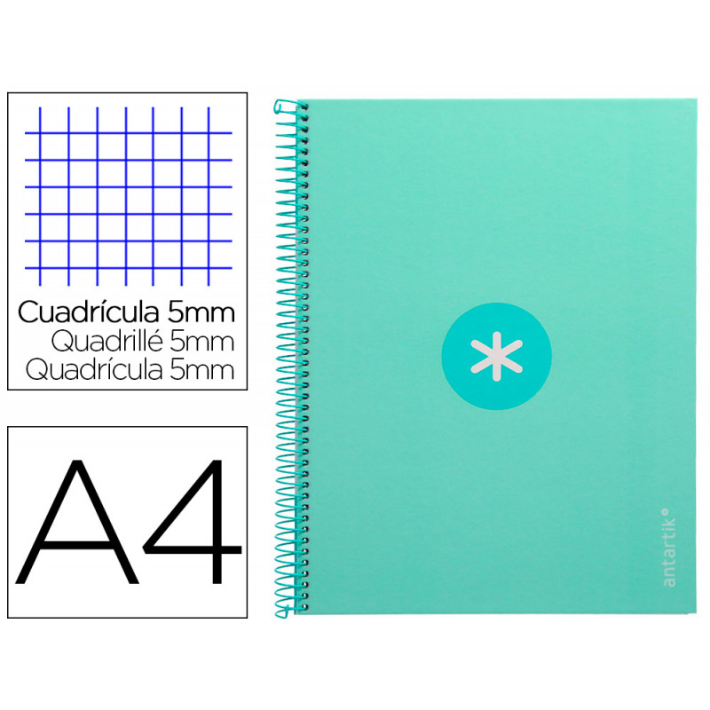 Cuaderno espiral a4 micro antartik tapa forrada 80h 90 gr cuadro 5mm 1 banda 4 taladros menta