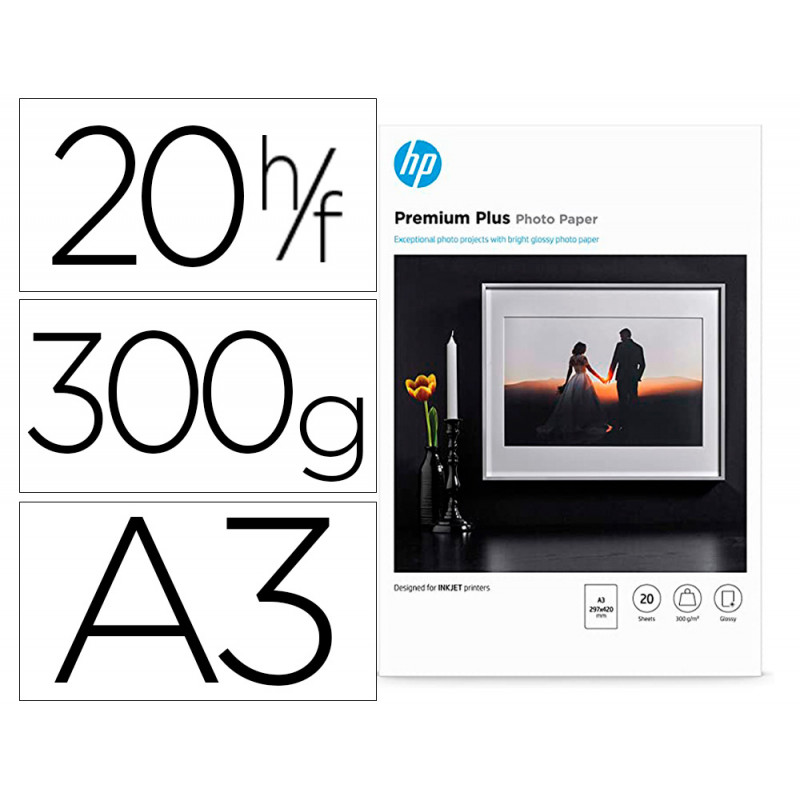 Papel fotografico hp premium glossy brillo din a3 200g/m2 ink-jet pack de 20 hojas