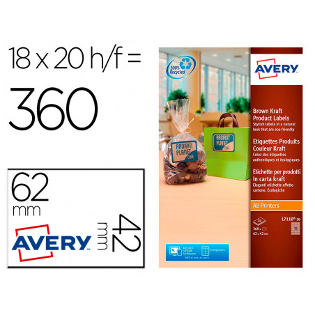 Etiqueta adhesiva avery kraft efecto carton rectangular 62x42 mm removible para laser ink-jet