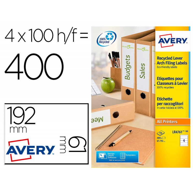 Etiqueta adhesiva avery papel blanco reciclado para archivador 192x61 mm laser pack de 400 etiquetas