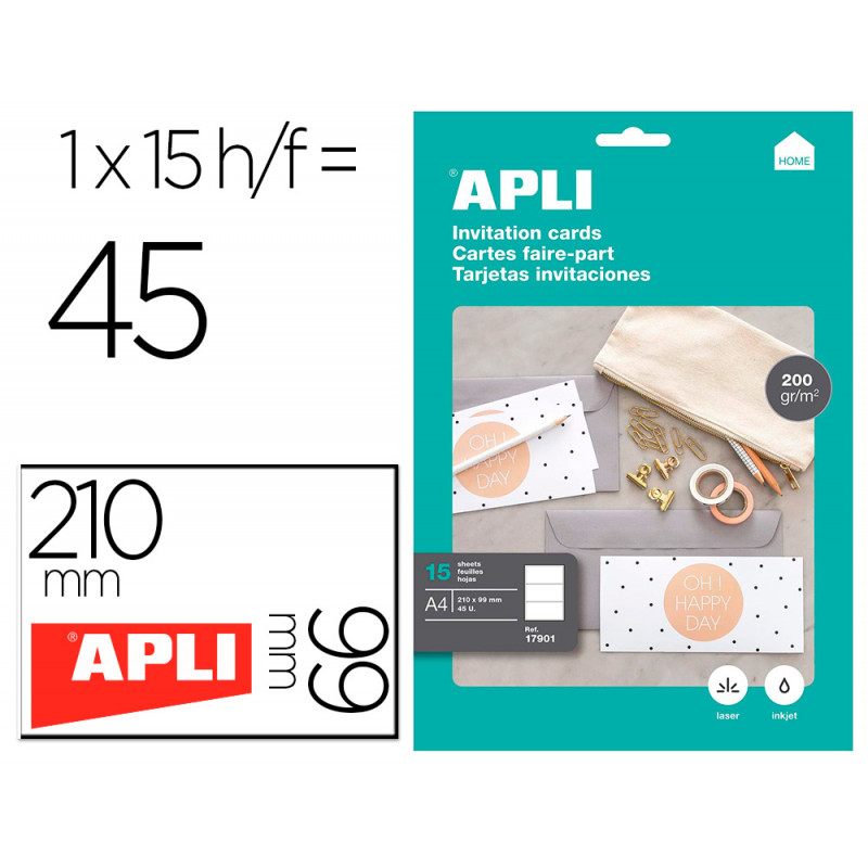 Tarjeta de visita apli invitacion hogar 210x99 mm 200 gr blanca pack de 15 hojas din a4