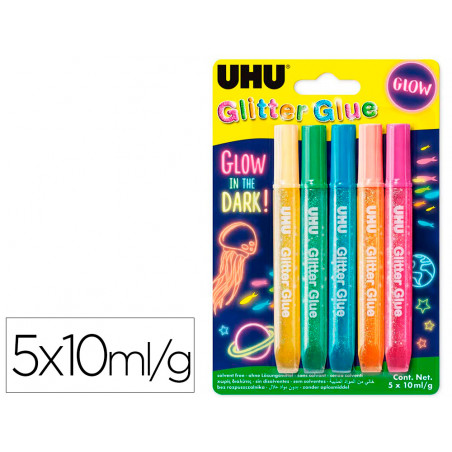 Purpurina pegamento uhu glitter glow lavable blister de 5 unidades 10 ml