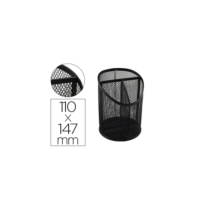 Cubilete portalapices q-connect negro metal redondo rejilla con 3 compartimentos diametro 110 mm alto 147 mm