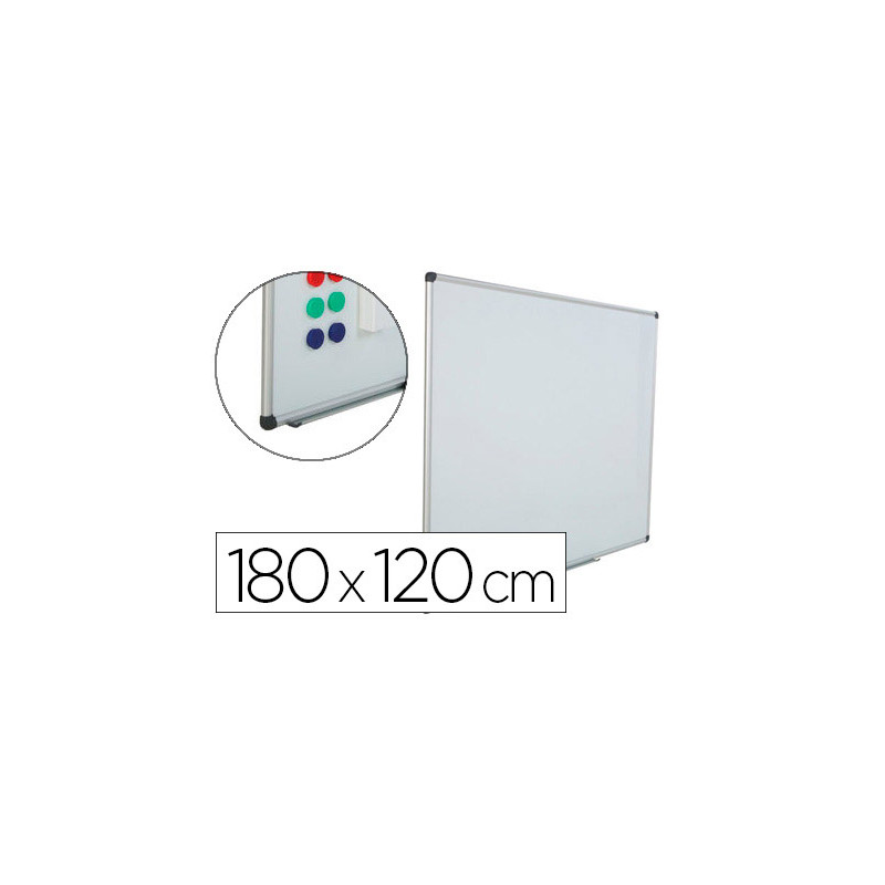 Pizarra blanca rocada acero vitrificado magnetico marco aluminio y cantoneras pvc 180x120 cm incluye bandeja