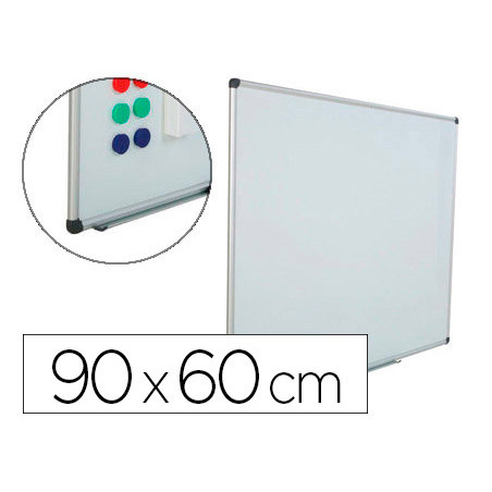 Pizarra blanca rocada acero vitrificado magnetico marco aluminio y cantoneras pvc 90x60 cm incluye bandeja para