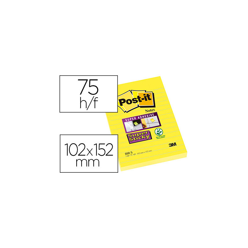 Bloc de notas adhesivas quita y pon post-it super sticky rayado amarillo ultra 101x152 mm