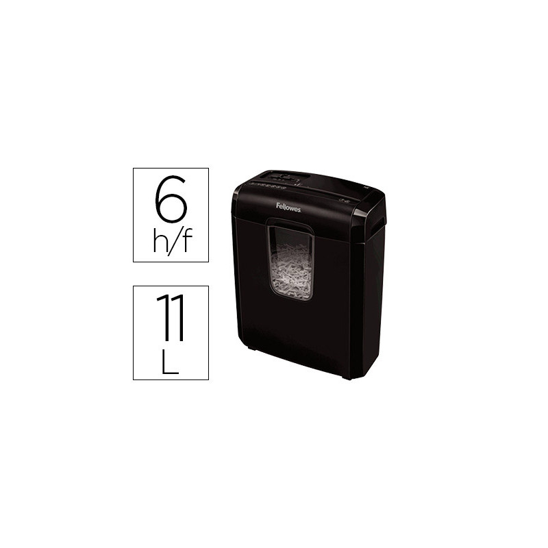 Destructora de documentos fellowes 6c capacidad de corte6 hojas en particulas destruye grapas clips y tarjetas 11l