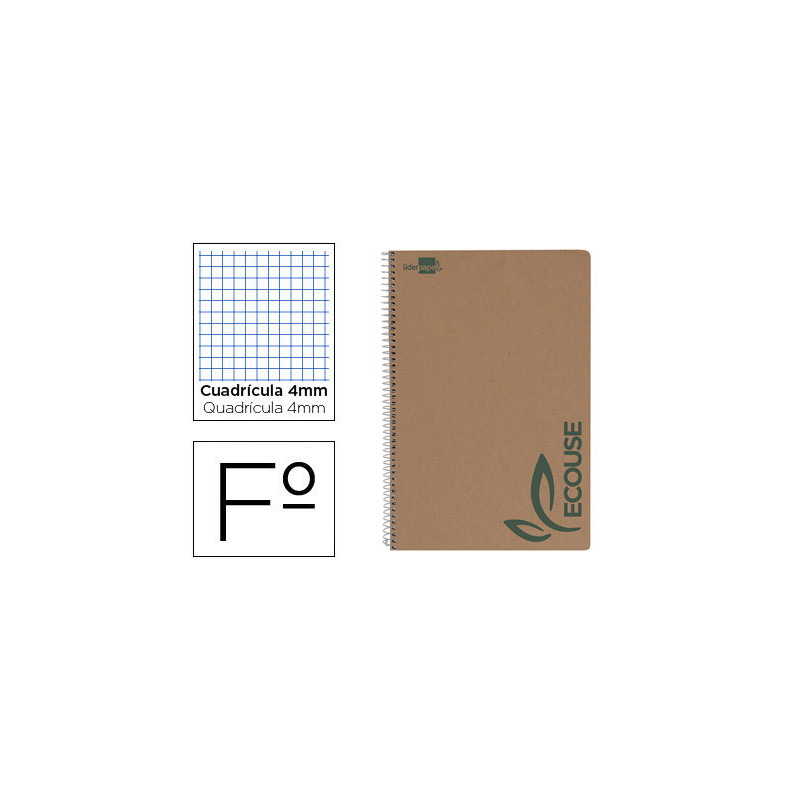 Cuaderno espiral liderpapel din a4 ecouse tapa cartulina kraft 80h papel reciclado 80 gr cuadro 4mm con margen