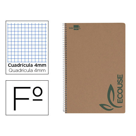 Cuaderno espiral liderpapel folio ecouse tapa cartulina kraft 80h papel reciclado 80 gr cuadro 4mm con margen