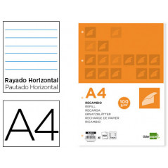 Recambio liderpapel a4 100 hojas 100 g/m2 rayado horizontal con margen 4 taladros